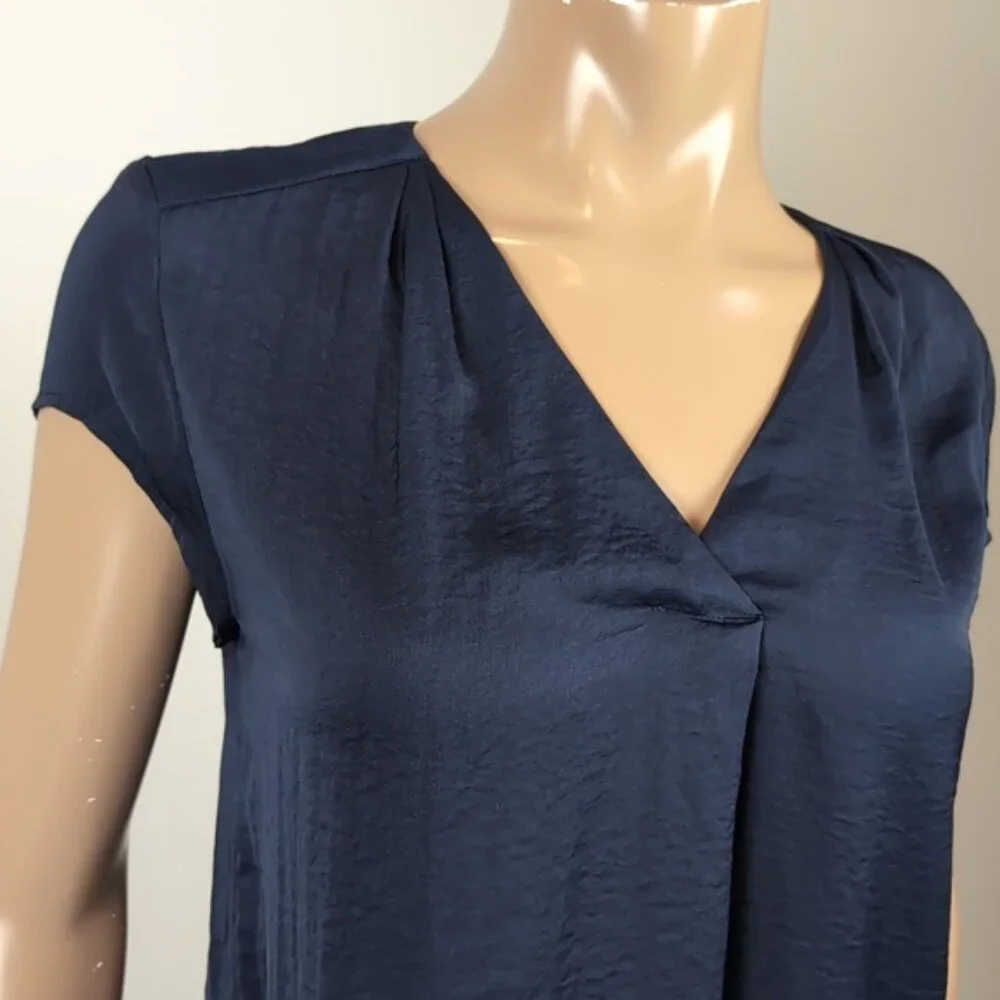 H&M Navy Vneck Top Short Sleeve Blue Satin Pleated Blouse - Picture 2 of 12